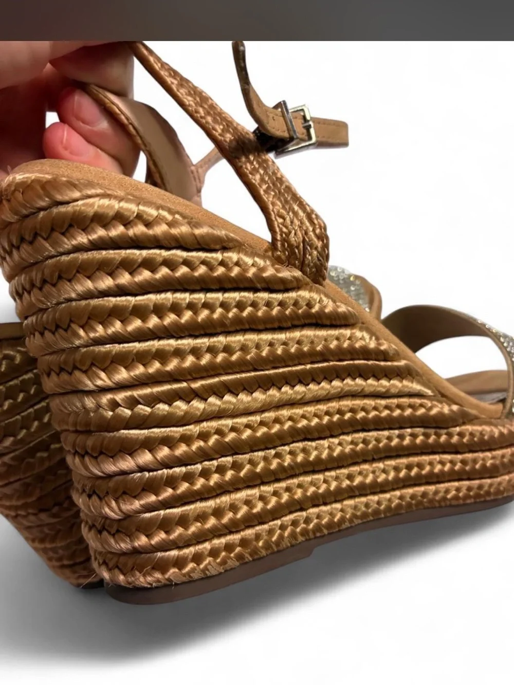 SCHÜTZ- tan & brown wedge sandals with rhinestone straps- Size: 35Br.